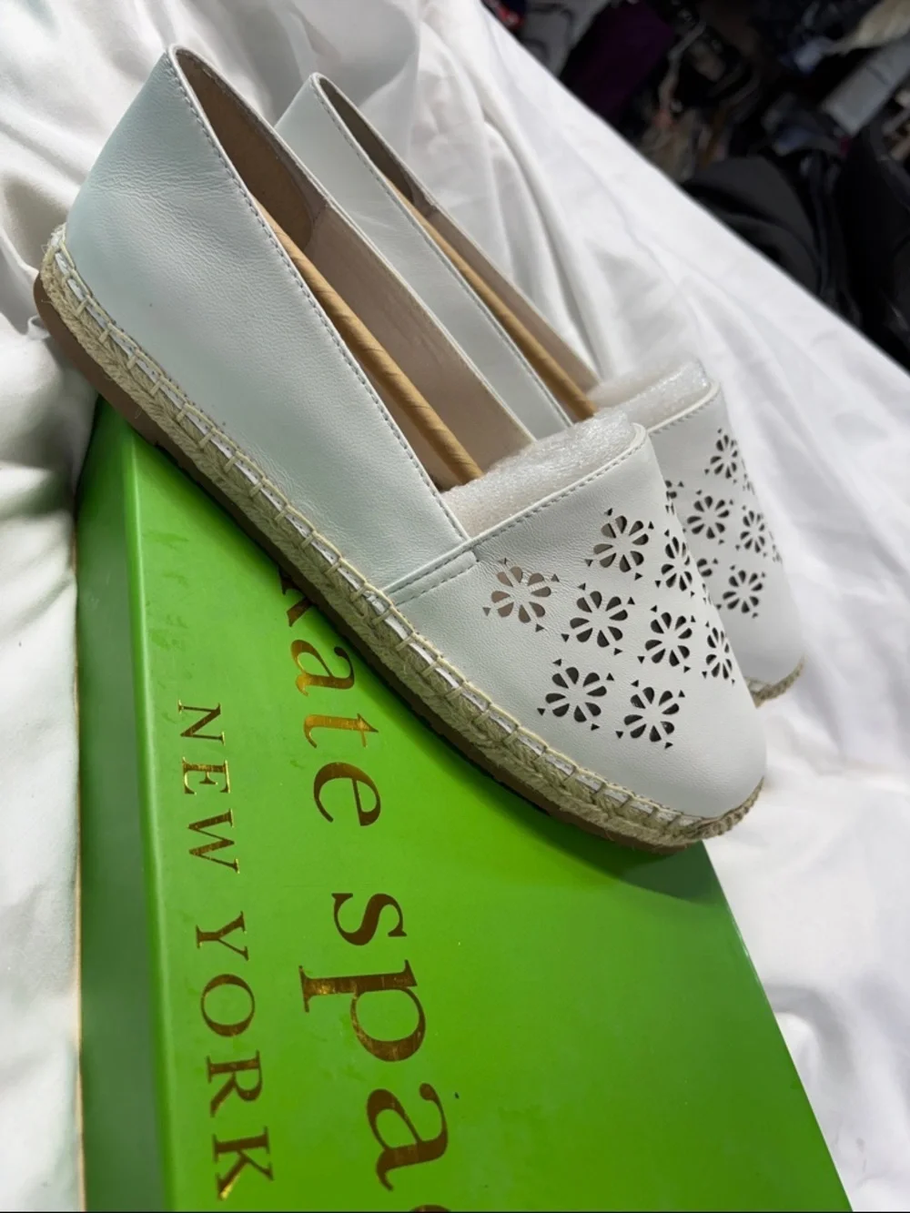 Kate Spade Garcia Cut Out Optic White  Espadrille Flats Leather shoes 8